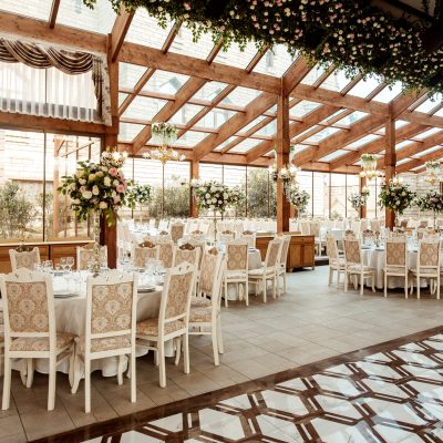 restaurant hall ornated with flowers